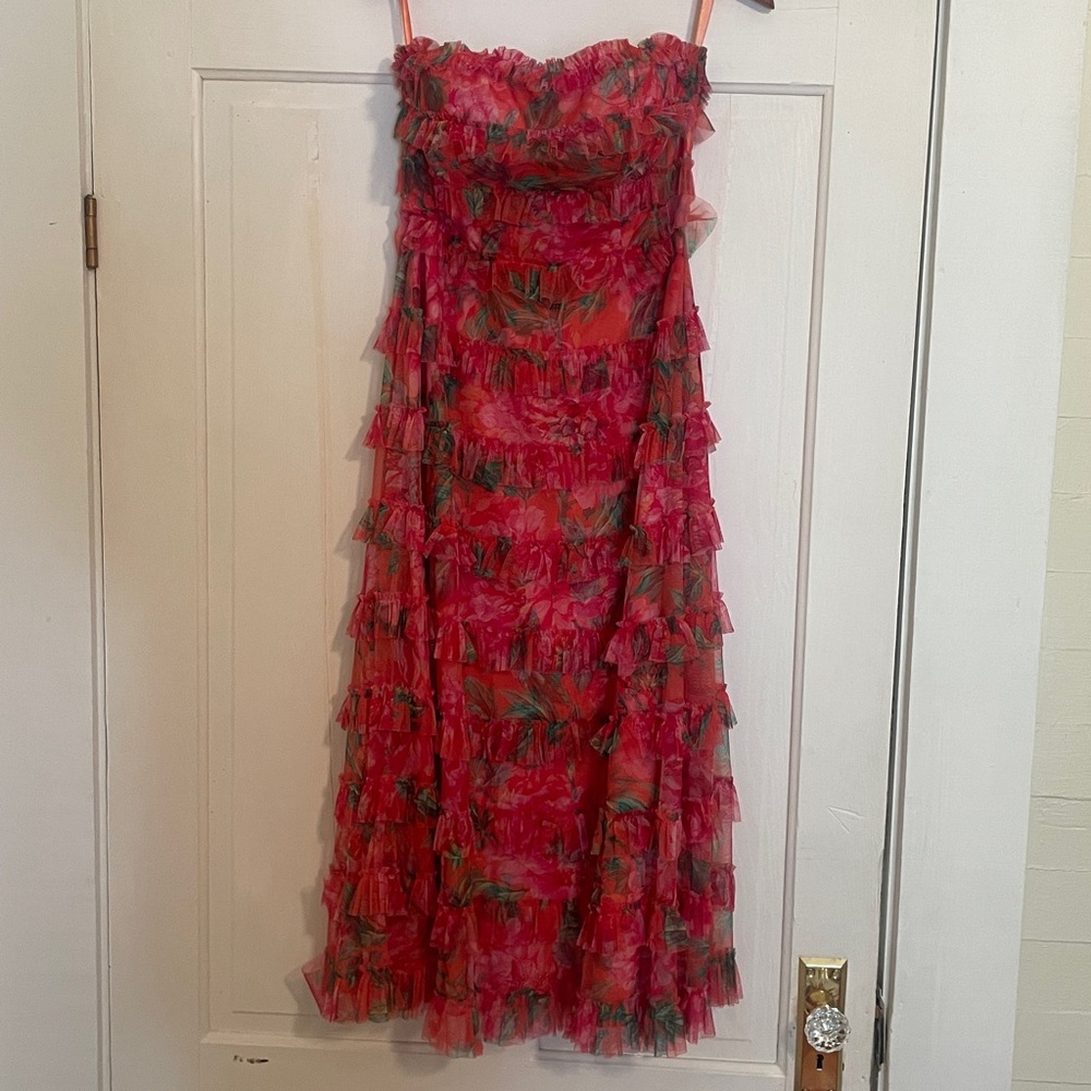 Mac Duggal Multi Color Strapless Floral Micro Ruffle Dress size 8 - Picture 7 of 17
